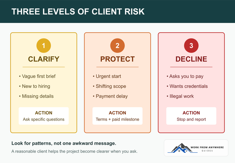 Three levels of freelance client risk: clarify, protect, and decline