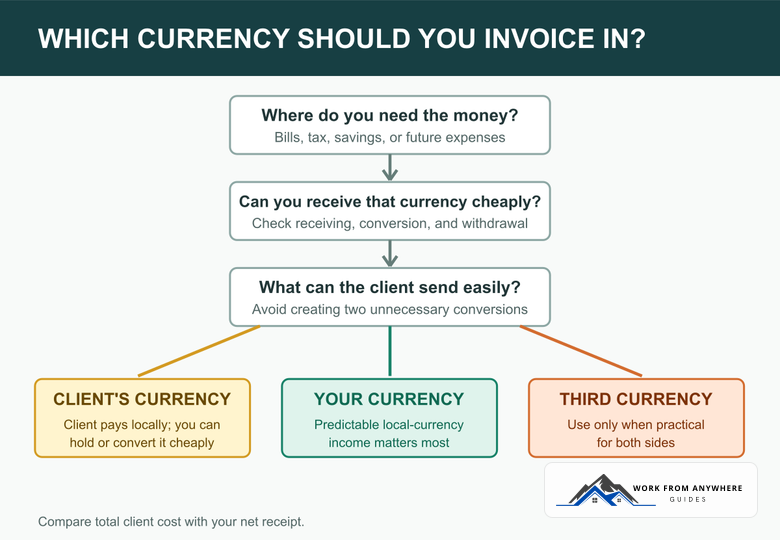Decision guide for choosing the client's currency, home currency, or a third invoice currency