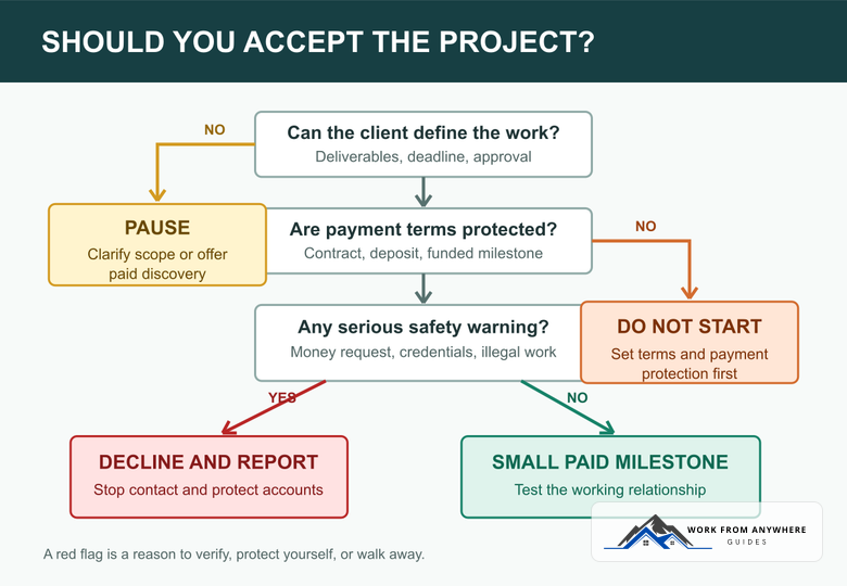 Decision flow for screening a freelance project before accepting it