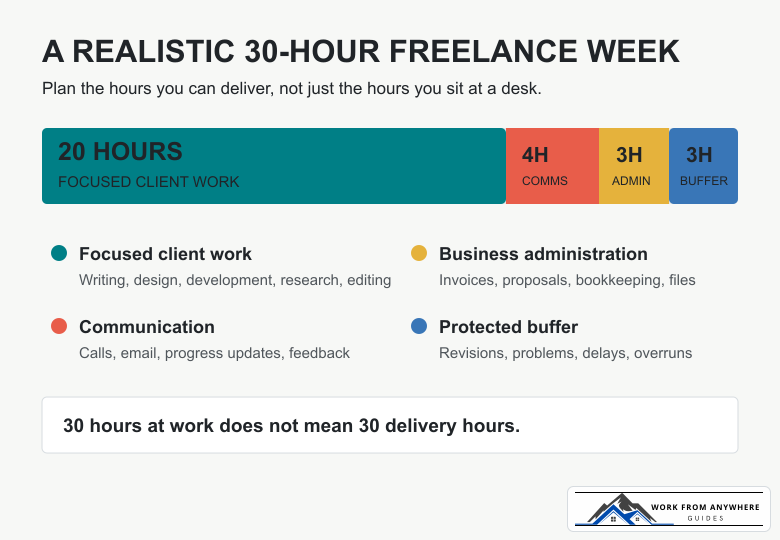 Example weekly capacity map dividing 30 hours between client work, communication, administration, and buffer time