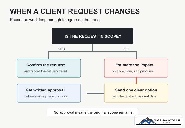 Decision flow for handling a freelance client request that may be outside the agreed project scope
