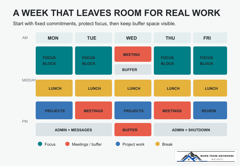 Weekly time-blocking calendar template for remote workers with focus, meeting, project, buffer, lunch, admin, and shutdown blocks
