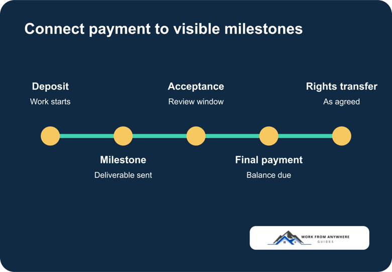 Freelance contract payment timeline with deposit, milestones, acceptance, final payment, and rights transfer