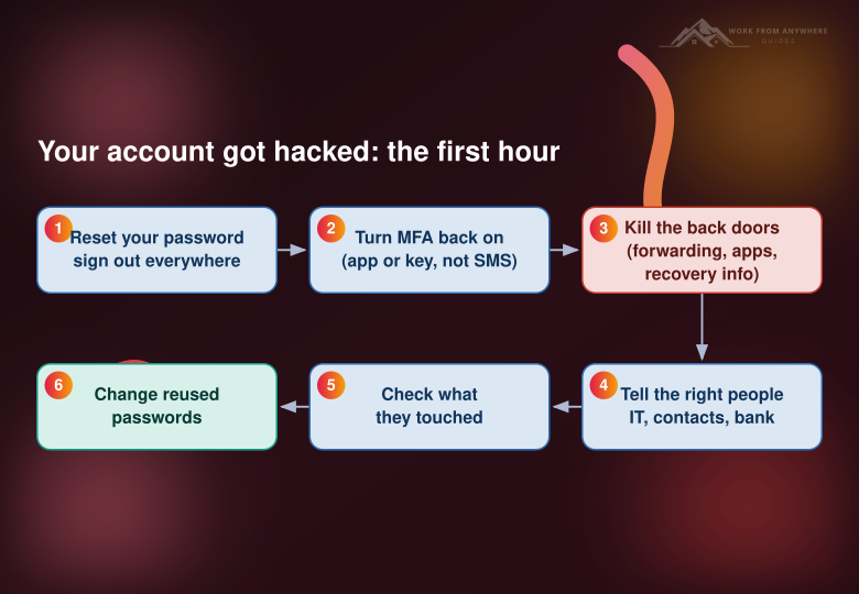 Numbered six-step checklist for the first hour after an account is hacked: reset your password and sign out everywhere, turn MFA back on, kill the back doors, tell the right people, check what they touched, and change reused passwords.