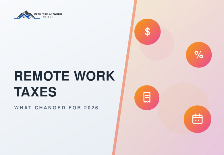Remote work taxes, what changed for 2026 — a Work From Anywhere Guides hero with dollar, percent, receipt and calendar icons.
