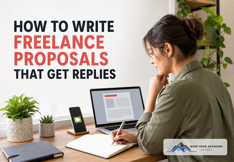 A remote freelancer reviewing a proposal beside the headline How to Write Freelance Proposals That Get Replies