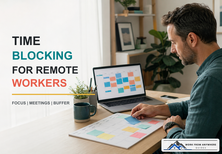 Remote worker planning a week with focus, meeting, project, buffer, and shutdown time blocks