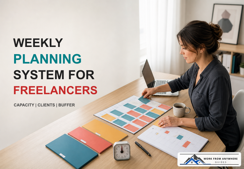 Freelancer arranging client work, administration, and buffer time on a weekly planning board