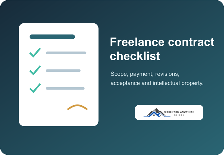 Freelance contract checklist covering scope, payment, revisions, intellectual property, and cancellation