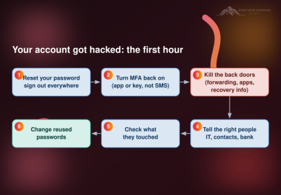 Numbered six-step checklist for the first hour after an account is hacked: reset your password and sign out everywhere, turn MFA back on, kill the back doors, tell the right people, check what they touched, and change reused passwords.