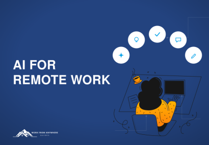 AI for remote work — a Work From Anywhere Guides poster showing a person working at a computer, with icons for ideas, verification, chat and writing.