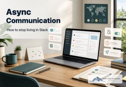Async communication for remote teams hero image showing a calm home office desk, laptop with organized message cards, focus-time and scheduling cues, and Work From Anywhere Guides watermark.