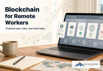 Blockchain payment workflow for remote workers with contract, security, and cross-border payment icons